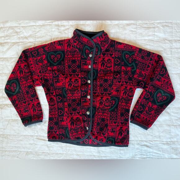Vintage Obermeyer Red Black Scandinavian Nordic Graphic Fleece Button Jacket - S - Picture 1 of 9
